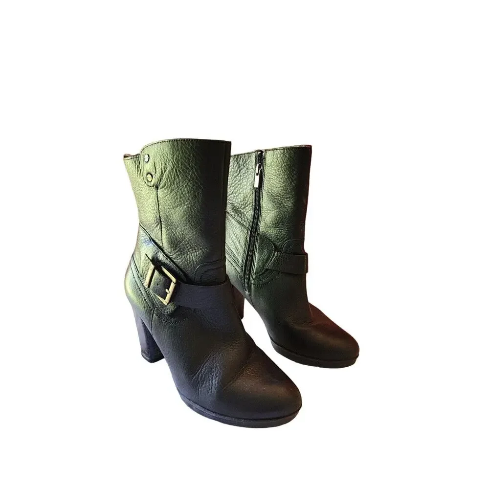 CLARKS Indigo Shoes Women's Size 8.5M Black Leather Boots Heels Booties #64503